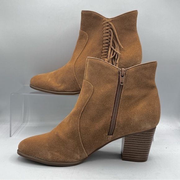 Bass Ankle Bootie Women’s Size 7.5 Tan Eve Suede Fringed Heeled Zip Boho Western - Picture 1 of 10